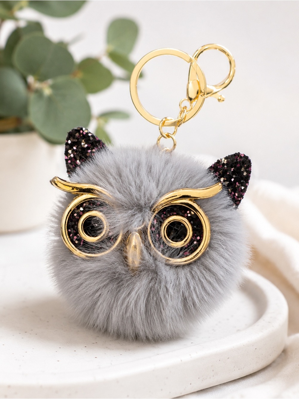 Sparkly Owl Pom Pom Keychain | Gray Faux Fur Bag Charm Gold Accessory